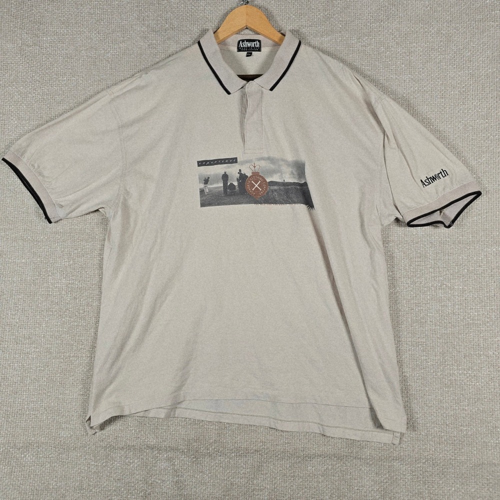 Vintage Ashworth Mens XXL Golf Polo Shirt Tan Graphic Made in USA Cotton 90s